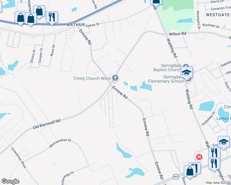 map of restaurants, bars, coffee shops, grocery stores, and more near 609 Ermine Road in West Columbia