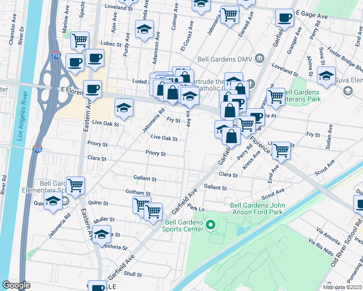map of restaurants, bars, coffee shops, grocery stores, and more near 6046 1/2 Live Oak Street in Bell Gardens
