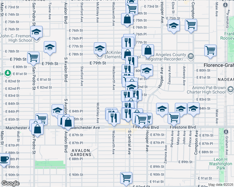 map of restaurants, bars, coffee shops, grocery stores, and more near 904 East 82nd Street in Los Angeles