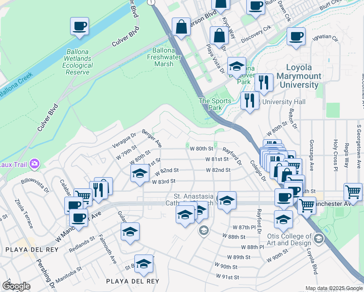 map of restaurants, bars, coffee shops, grocery stores, and more near 7530 West Shore Cliff Drive in Los Angeles