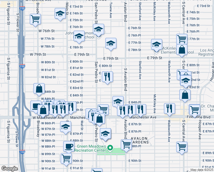 map of restaurants, bars, coffee shops, grocery stores, and more near 345 83rd Street in Los Angeles