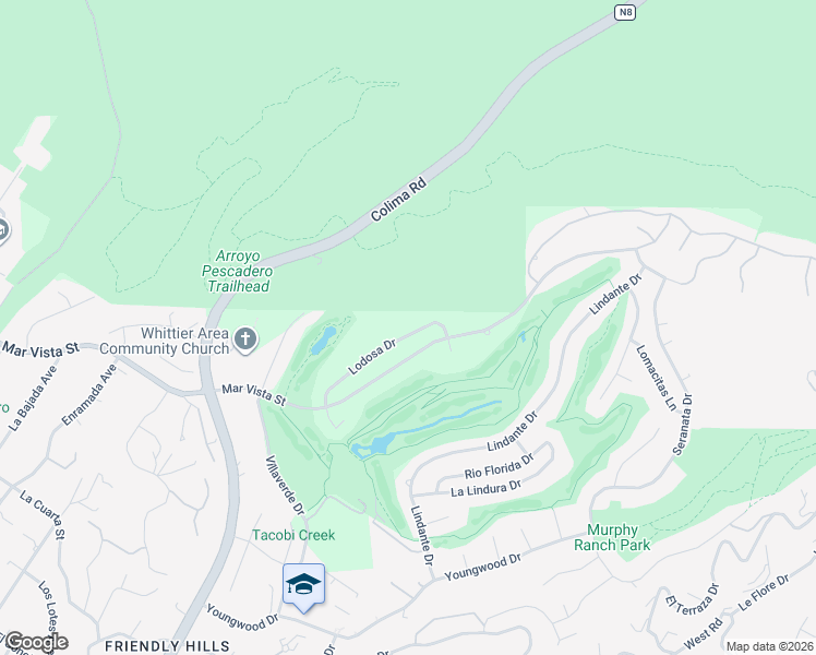 map of restaurants, bars, coffee shops, grocery stores, and more near 15519 Lodosa Drive in Whittier