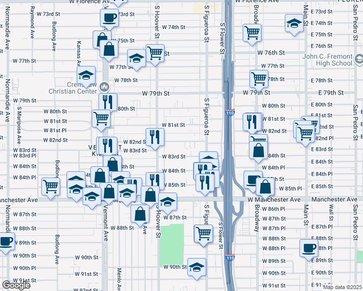 map of restaurants, bars, coffee shops, grocery stores, and more near 620 West 82nd Street in Los Angeles