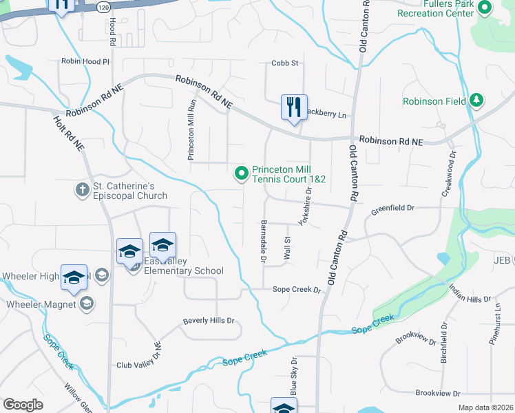 map of restaurants, bars, coffee shops, grocery stores, and more near 571 Barnsdale Dr in Marietta