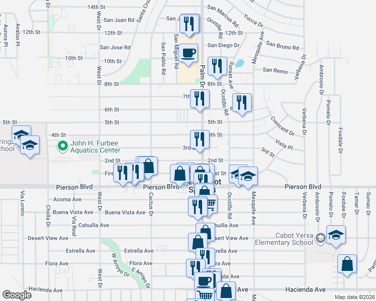map of restaurants, bars, coffee shops, grocery stores, and more near in Desert Hot Springs