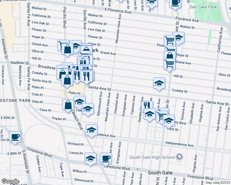 map of restaurants, bars, coffee shops, grocery stores, and more near 2927 Santa Ana Street in South Gate
