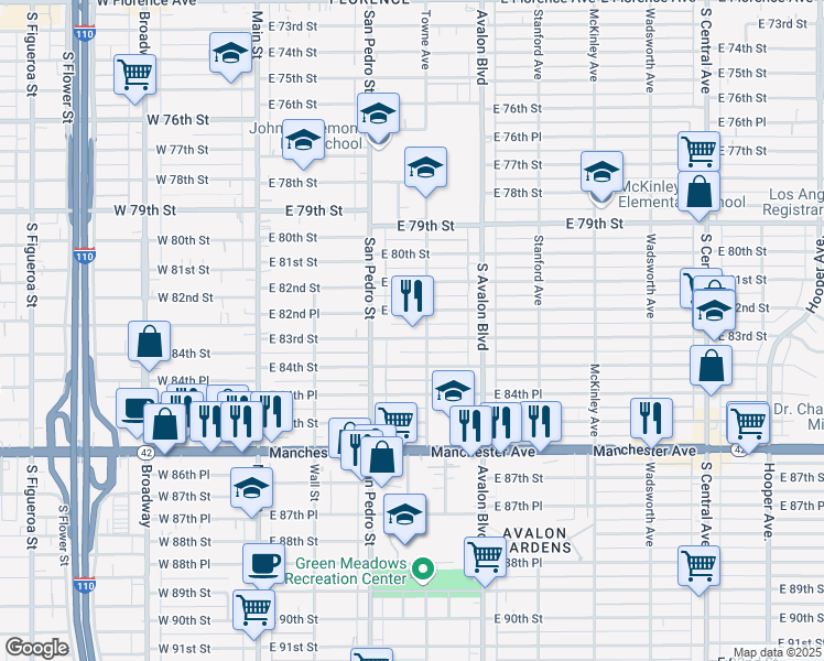 map of restaurants, bars, coffee shops, grocery stores, and more near 8205 Towne Avenue in Los Angeles