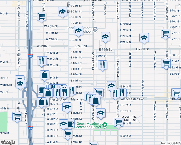 map of restaurants, bars, coffee shops, grocery stores, and more near 234 East 82nd Place in Los Angeles