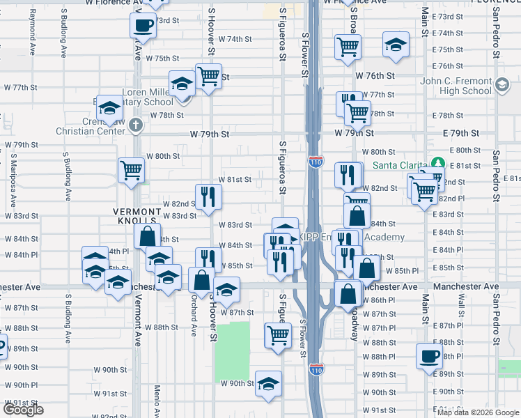 map of restaurants, bars, coffee shops, grocery stores, and more near 533 West 82nd Street in Los Angeles