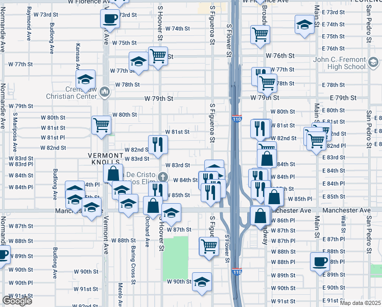map of restaurants, bars, coffee shops, grocery stores, and more near 533 West 82nd Street in Los Angeles