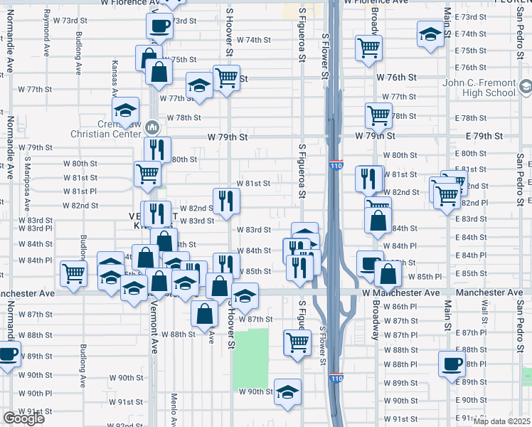 map of restaurants, bars, coffee shops, grocery stores, and more near 641 West 82nd Street in Los Angeles