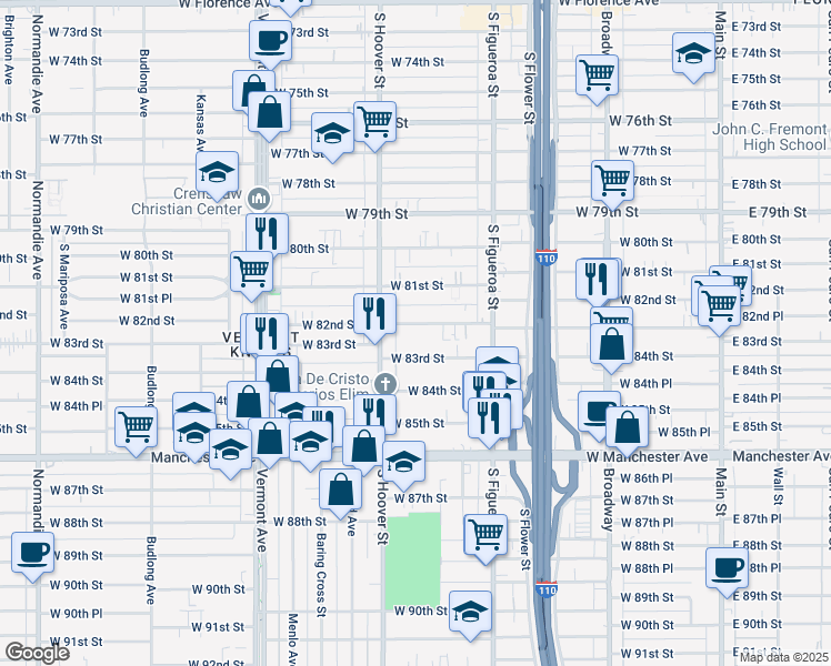map of restaurants, bars, coffee shops, grocery stores, and more near 641 West 82nd Street in Los Angeles