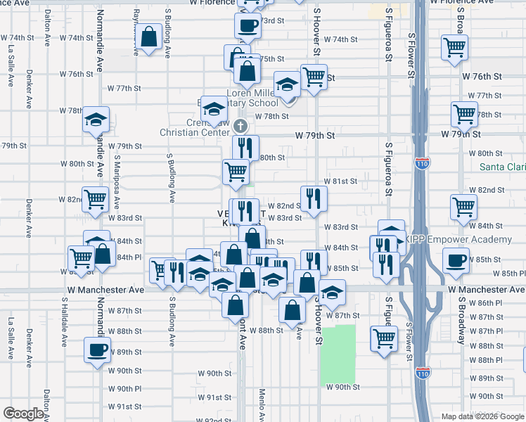 map of restaurants, bars, coffee shops, grocery stores, and more near 923 West 82nd Street in Los Angeles