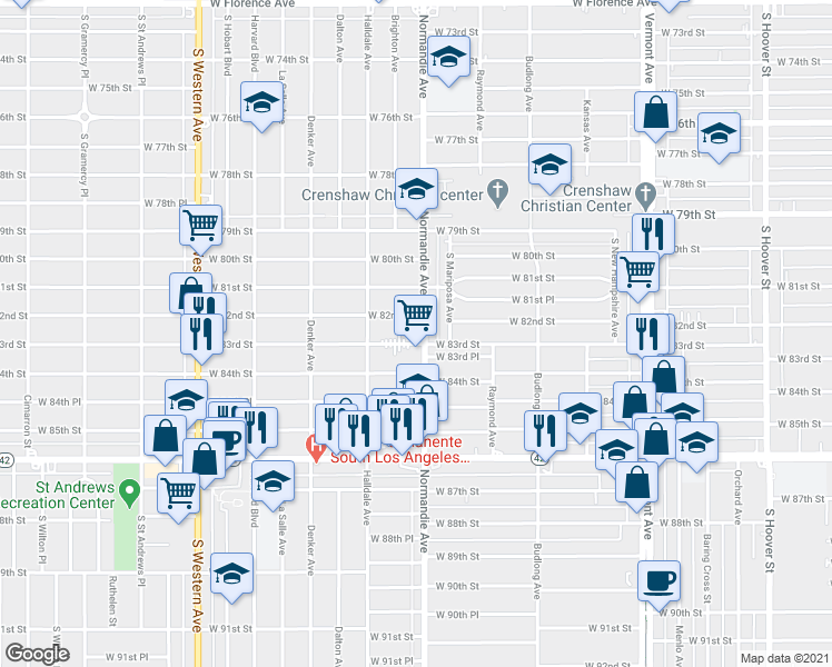 map of restaurants, bars, coffee shops, grocery stores, and more near 8205 Normandie Avenue in Los Angeles