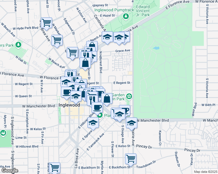 map of restaurants, bars, coffee shops, grocery stores, and more near 600 East Regent Street in Inglewood