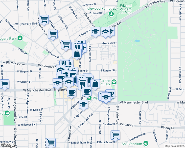 map of restaurants, bars, coffee shops, grocery stores, and more near in Inglewood