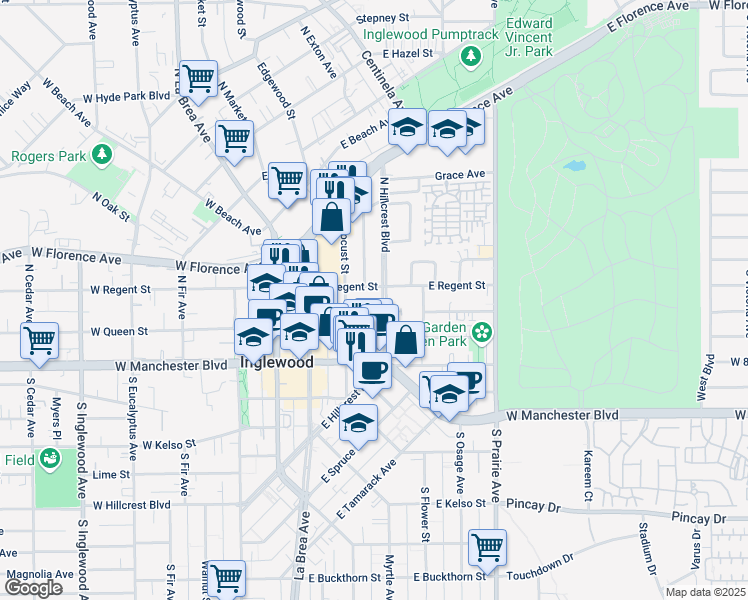 map of restaurants, bars, coffee shops, grocery stores, and more near in Inglewood