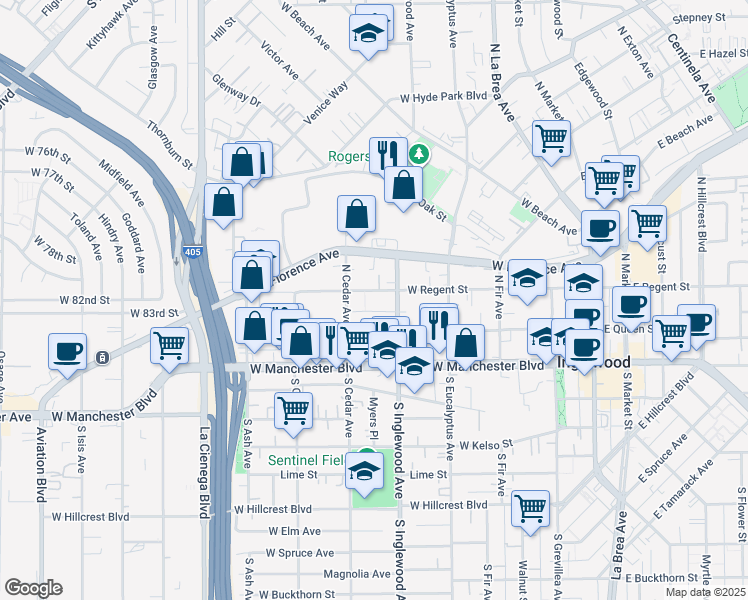 map of restaurants, bars, coffee shops, grocery stores, and more near 418 West Regent Street in Inglewood