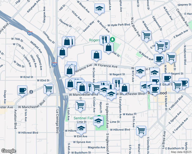 map of restaurants, bars, coffee shops, grocery stores, and more near 437 West Regent Street in Inglewood