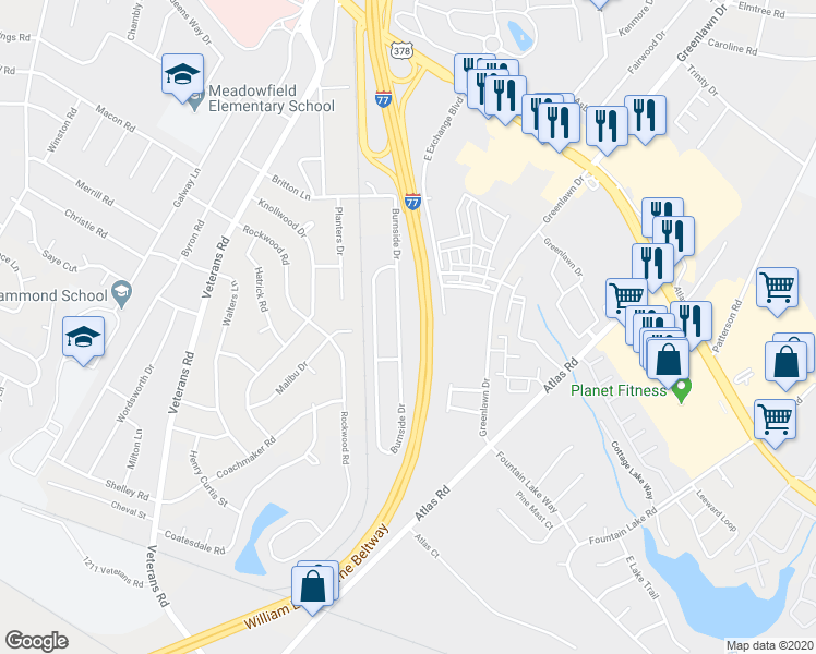map of restaurants, bars, coffee shops, grocery stores, and more near 530 Burnside Drive in Columbia