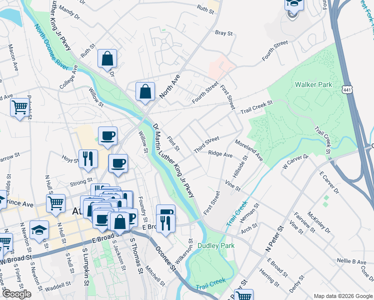 map of restaurants, bars, coffee shops, grocery stores, and more near 130 Pearl Street in Athens