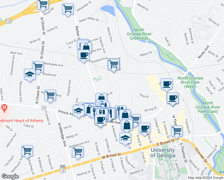 map of restaurants, bars, coffee shops, grocery stores, and more near 635 Pulaski Street in Athens