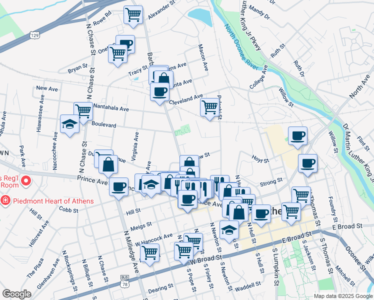 map of restaurants, bars, coffee shops, grocery stores, and more near 170 Hendrix Avenue in Athens