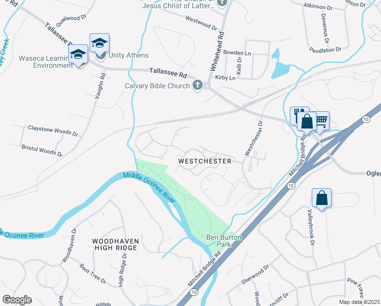 map of restaurants, bars, coffee shops, grocery stores, and more near 162 Chalfont Lane in Athens