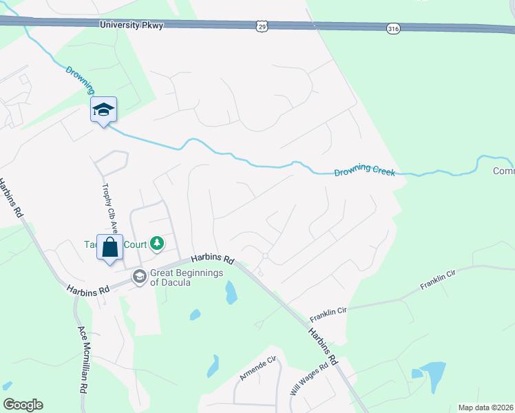 map of restaurants, bars, coffee shops, grocery stores, and more near 2785 Brookton Lane Southeast in Dacula