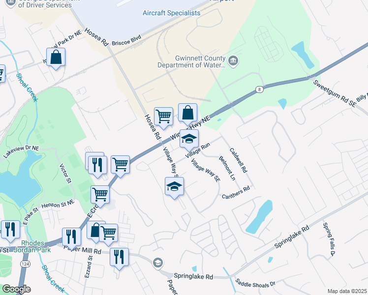 map of restaurants, bars, coffee shops, grocery stores, and more near 493 Providence Run Way Southeast in Lawrenceville