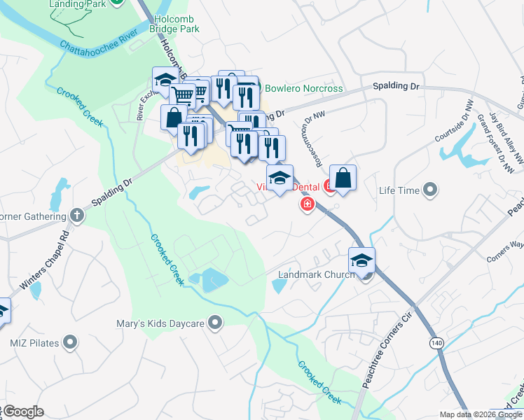 map of restaurants, bars, coffee shops, grocery stores, and more near 6201 Meadow Run Court in Norcross