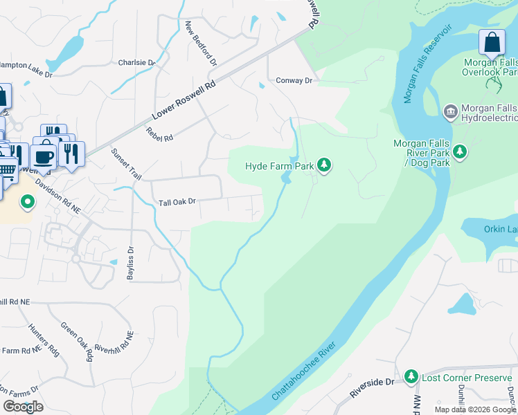 map of restaurants, bars, coffee shops, grocery stores, and more near 581 Autumn Lane in Marietta