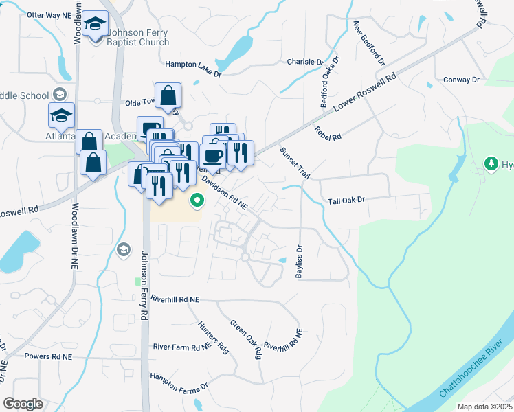 map of restaurants, bars, coffee shops, grocery stores, and more near 5025 Highland Club Drive in Marietta