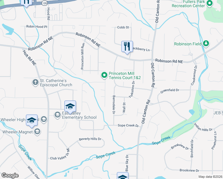 map of restaurants, bars, coffee shops, grocery stores, and more near 571 Barnsdale Drive in Marietta