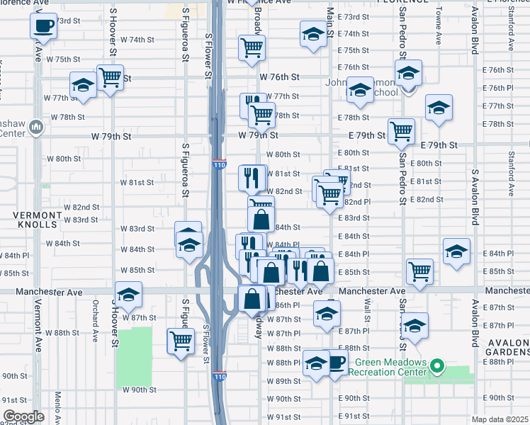 map of restaurants, bars, coffee shops, grocery stores, and more near 254 West 83rd Street in Los Angeles
