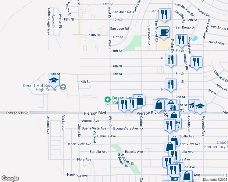 map of restaurants, bars, coffee shops, grocery stores, and more near 66031 3rd Street in Desert Hot Springs