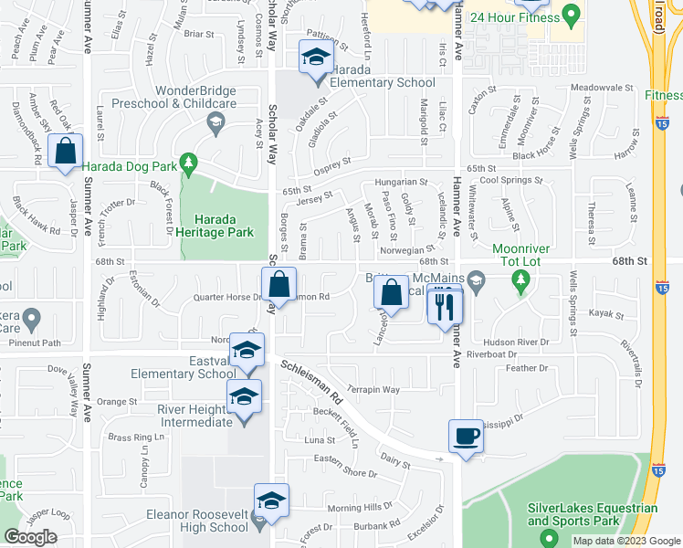 map of restaurants, bars, coffee shops, grocery stores, and more near 6802 Gertrudis Court in Corona