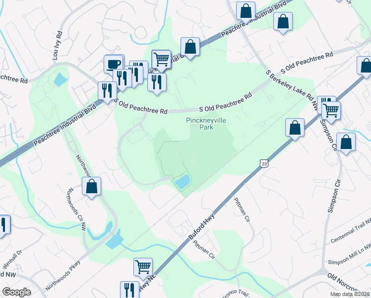 map of restaurants, bars, coffee shops, grocery stores, and more near Kerkland Circle Northwest in Norcross