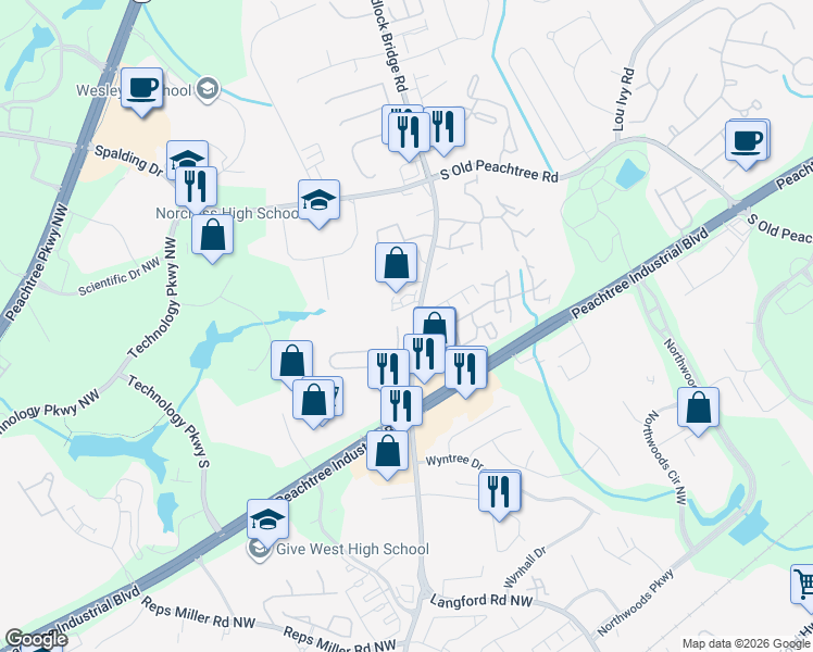 map of restaurants, bars, coffee shops, grocery stores, and more near 5204 Medlock Corners Dr in Norcross