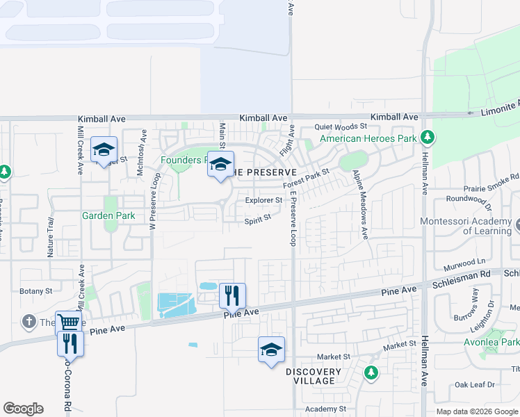 map of restaurants, bars, coffee shops, grocery stores, and more near 8417 Explorer Street in Chino