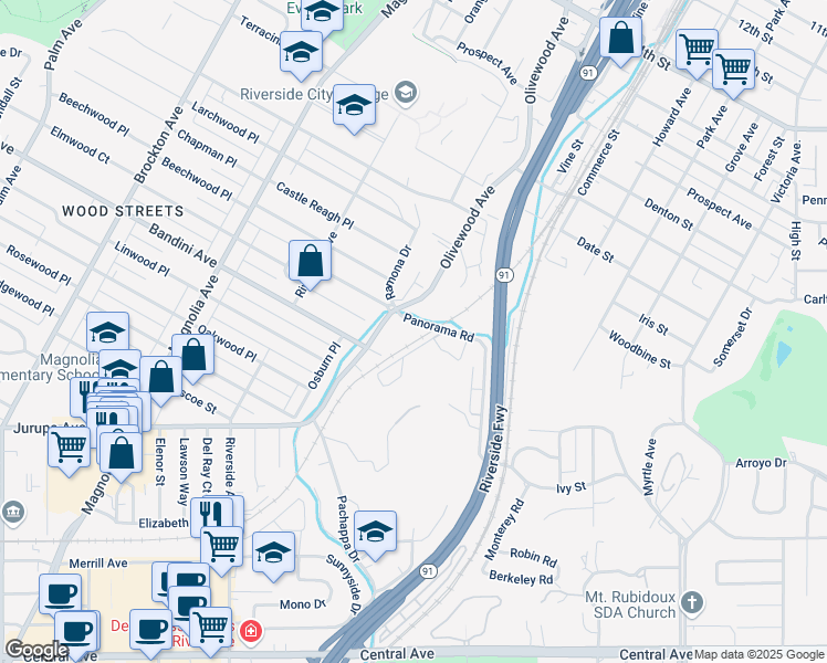 map of restaurants, bars, coffee shops, grocery stores, and more near 3320 Panorama Road in Riverside