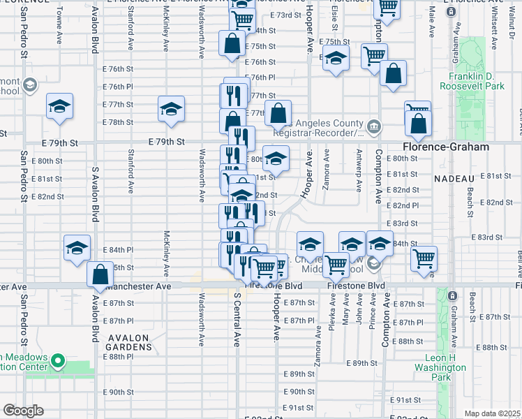 map of restaurants, bars, coffee shops, grocery stores, and more near 1145 East 83rd Street in Los Angeles