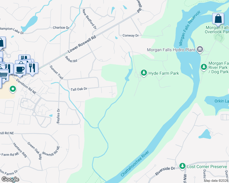 map of restaurants, bars, coffee shops, grocery stores, and more near 571 Autumn Lane in Marietta