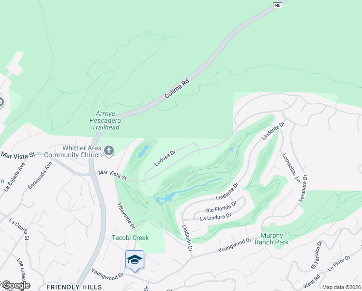 map of restaurants, bars, coffee shops, grocery stores, and more near 15519 Lodosa Drive in Whittier