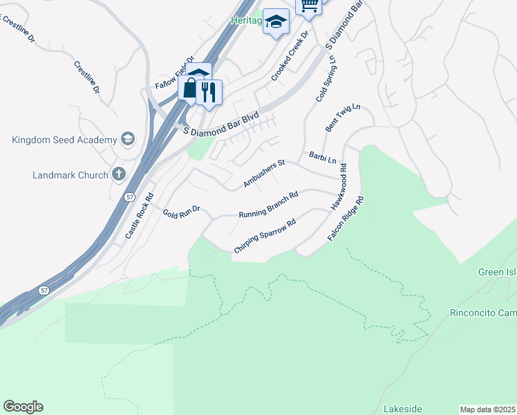 map of restaurants, bars, coffee shops, grocery stores, and more near 3456 Woodhill Circle in Diamond Bar