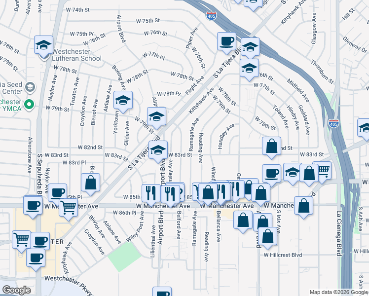 map of restaurants, bars, coffee shops, grocery stores, and more near 8212 Belford Avenue in Los Angeles