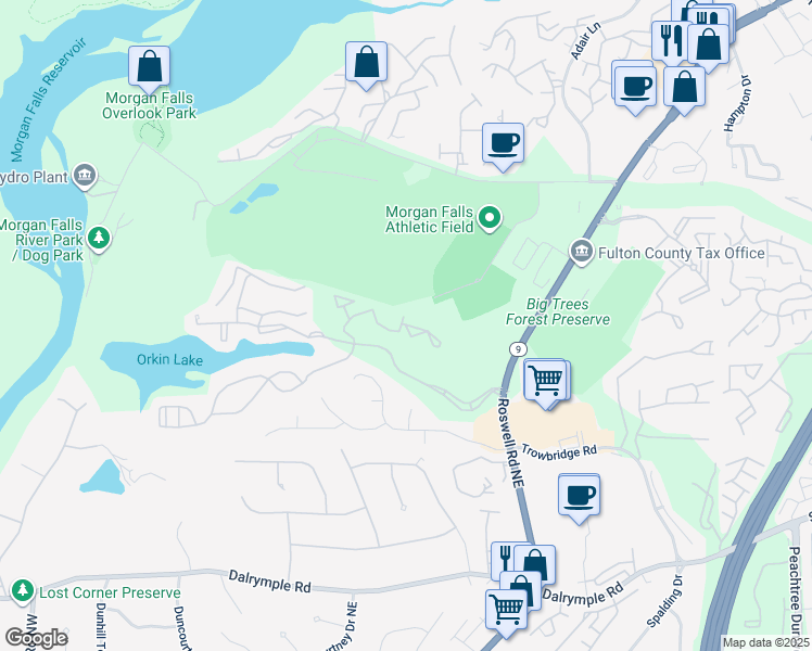 map of restaurants, bars, coffee shops, grocery stores, and more near 6211 Santa Fe Parkway in Sandy Springs