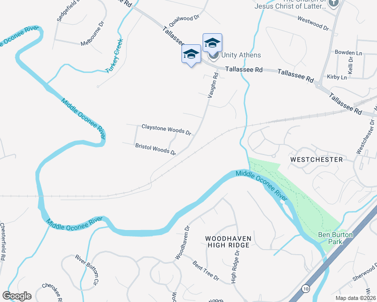 map of restaurants, bars, coffee shops, grocery stores, and more near 340 Vaughn Road in Athens