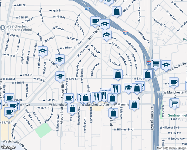 map of restaurants, bars, coffee shops, grocery stores, and more near 8116 Handley Avenue in Los Angeles
