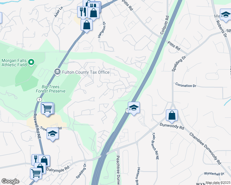 map of restaurants, bars, coffee shops, grocery stores, and more near 3107 Treelodge Parkway in Sandy Springs